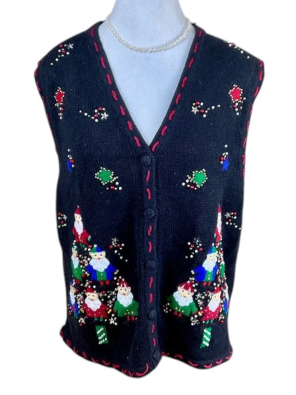 Bobbie Brooks Sweater Vest Christmas Vintage Black Multi (L)